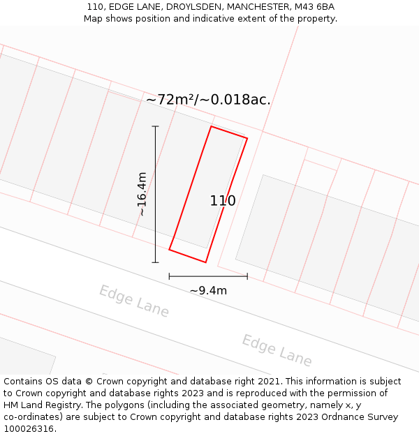 110, EDGE LANE, DROYLSDEN, MANCHESTER, M43 6BA: Plot and title map
