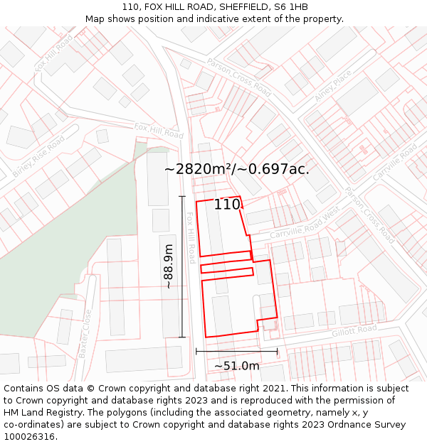 110, FOX HILL ROAD, SHEFFIELD, S6 1HB: Plot and title map