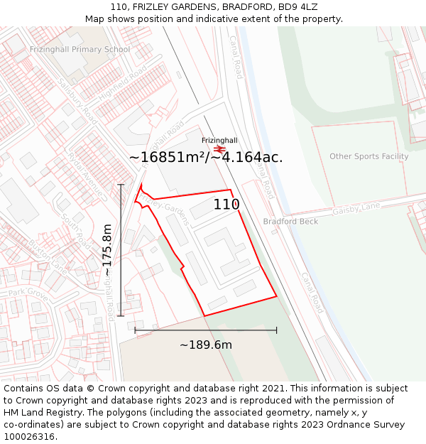 110, FRIZLEY GARDENS, BRADFORD, BD9 4LZ: Plot and title map