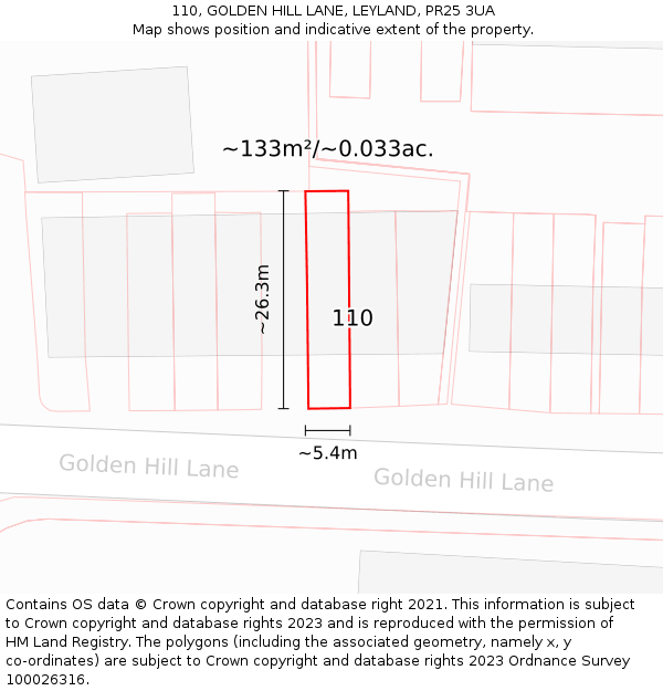 110, GOLDEN HILL LANE, LEYLAND, PR25 3UA: Plot and title map
