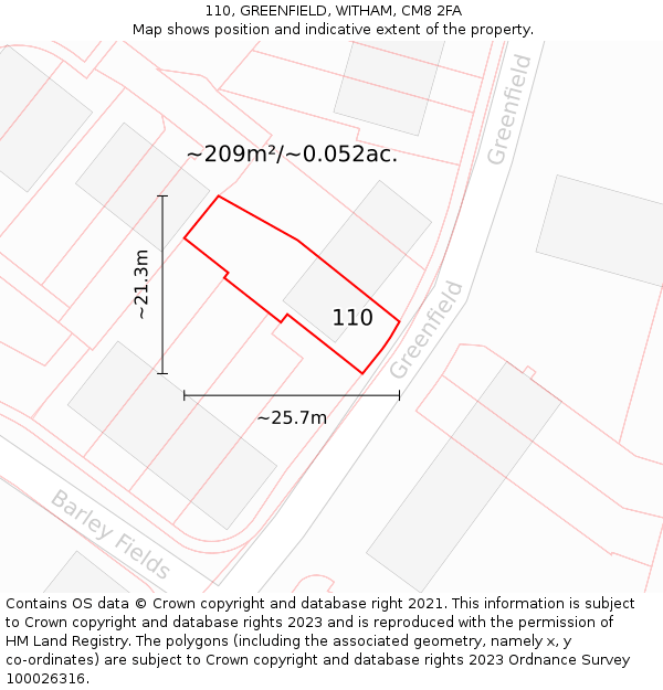 110, GREENFIELD, WITHAM, CM8 2FA: Plot and title map