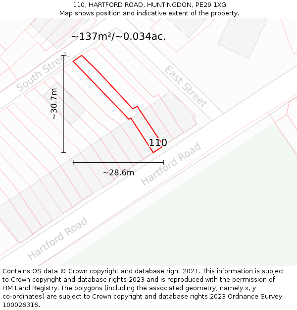 110, HARTFORD ROAD, HUNTINGDON, PE29 1XG: Plot and title map