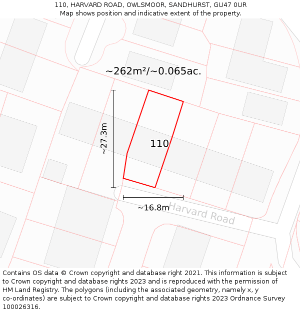 110, HARVARD ROAD, OWLSMOOR, SANDHURST, GU47 0UR: Plot and title map