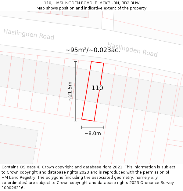 110, HASLINGDEN ROAD, BLACKBURN, BB2 3HW: Plot and title map