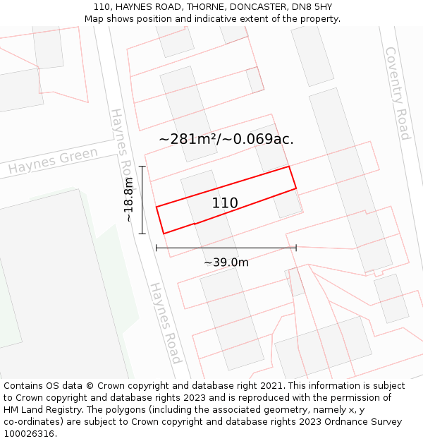 110, HAYNES ROAD, THORNE, DONCASTER, DN8 5HY: Plot and title map