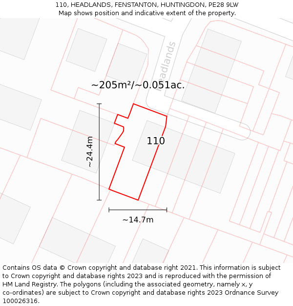 110, HEADLANDS, FENSTANTON, HUNTINGDON, PE28 9LW: Plot and title map