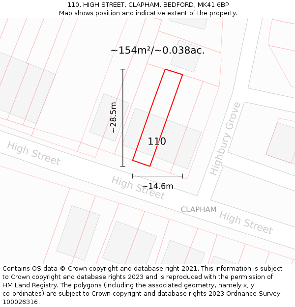 110, HIGH STREET, CLAPHAM, BEDFORD, MK41 6BP: Plot and title map