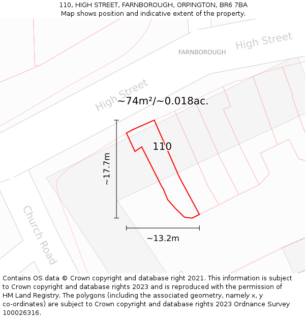 110, HIGH STREET, FARNBOROUGH, ORPINGTON, BR6 7BA: Plot and title map