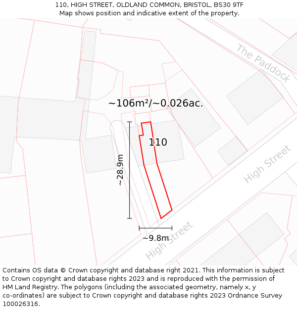 110, HIGH STREET, OLDLAND COMMON, BRISTOL, BS30 9TF: Plot and title map