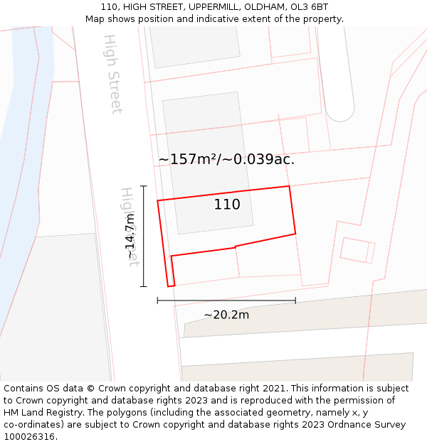 110, HIGH STREET, UPPERMILL, OLDHAM, OL3 6BT: Plot and title map