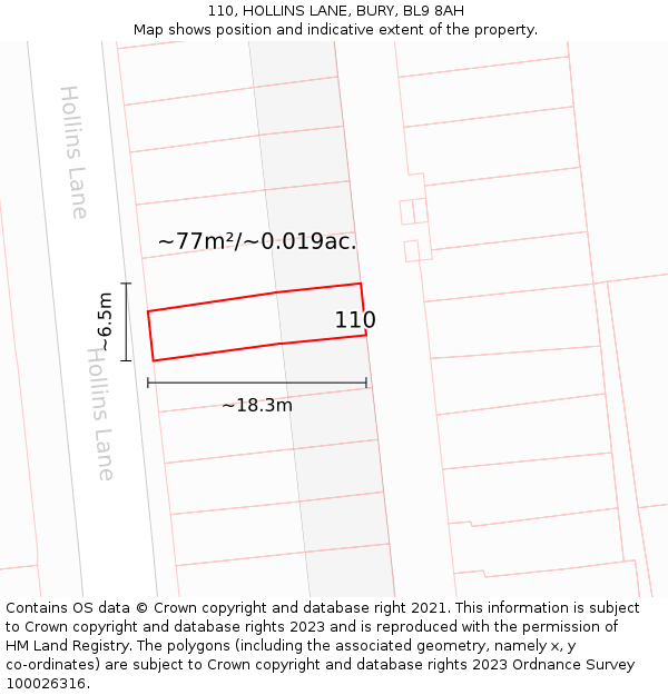 110, HOLLINS LANE, BURY, BL9 8AH: Plot and title map