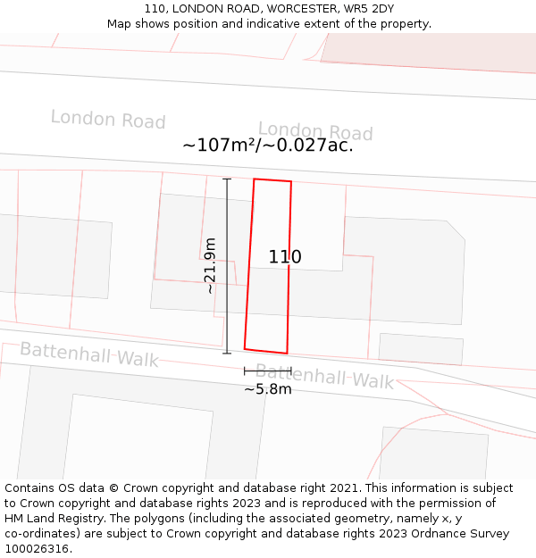 110, LONDON ROAD, WORCESTER, WR5 2DY: Plot and title map