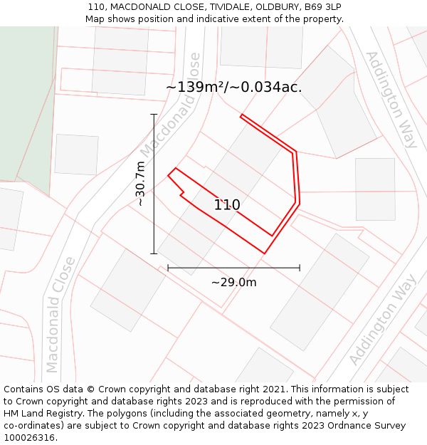 110, MACDONALD CLOSE, TIVIDALE, OLDBURY, B69 3LP: Plot and title map