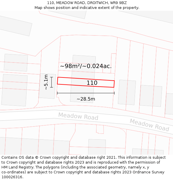 110, MEADOW ROAD, DROITWICH, WR9 9BZ: Plot and title map