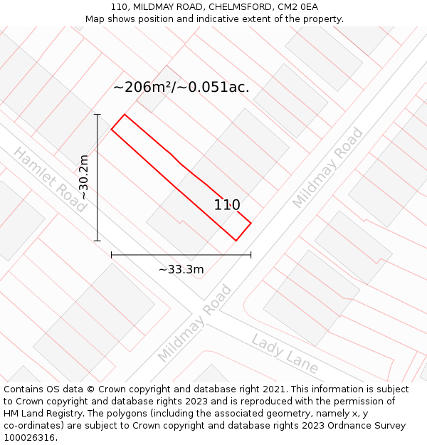110, MILDMAY ROAD, CHELMSFORD, CM2 0EA: Plot and title map