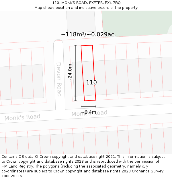 110, MONKS ROAD, EXETER, EX4 7BQ: Plot and title map