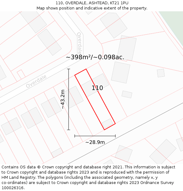 110, OVERDALE, ASHTEAD, KT21 1PU: Plot and title map