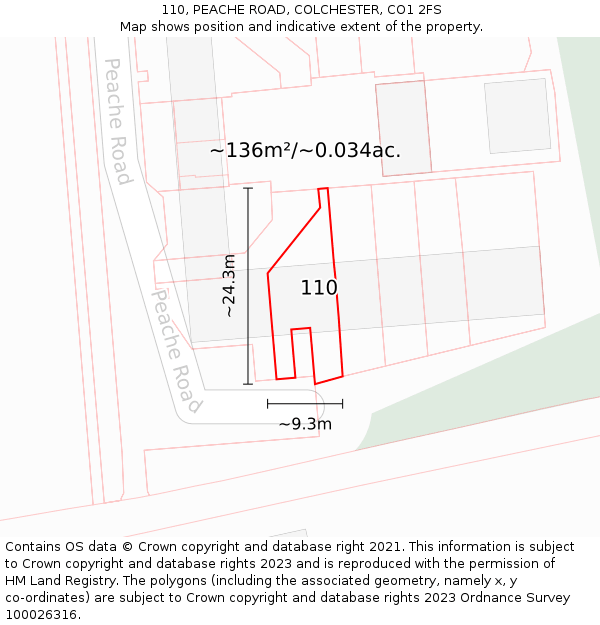110, PEACHE ROAD, COLCHESTER, CO1 2FS: Plot and title map