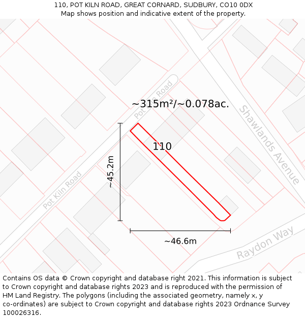 110, POT KILN ROAD, GREAT CORNARD, SUDBURY, CO10 0DX: Plot and title map