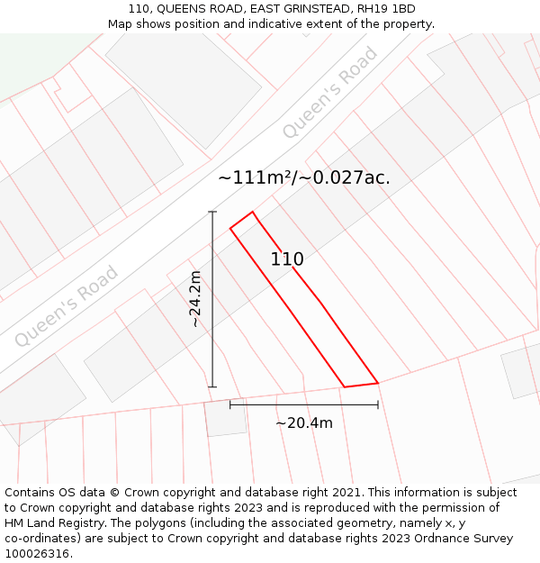 110, QUEENS ROAD, EAST GRINSTEAD, RH19 1BD: Plot and title map