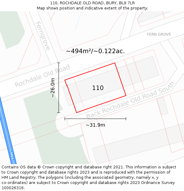 110, ROCHDALE OLD ROAD, BURY, BL9 7LR: Plot and title map