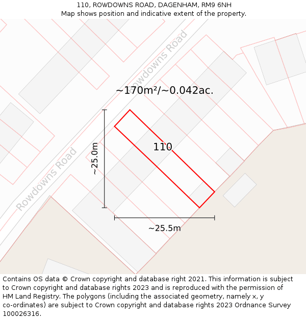 110, ROWDOWNS ROAD, DAGENHAM, RM9 6NH: Plot and title map