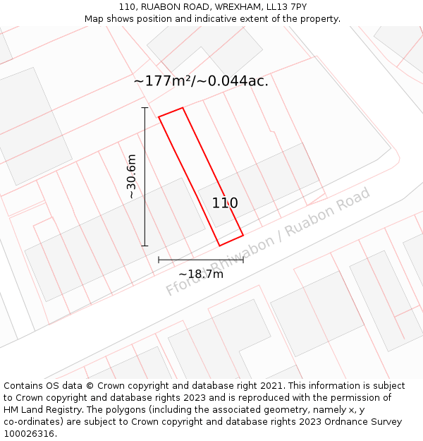 110, RUABON ROAD, WREXHAM, LL13 7PY: Plot and title map