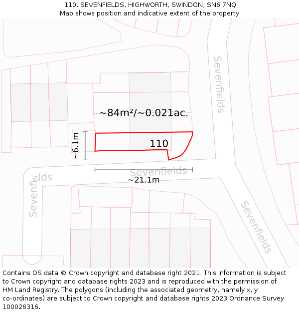 110, SEVENFIELDS, HIGHWORTH, SWINDON, SN6 7NQ: Plot and title map