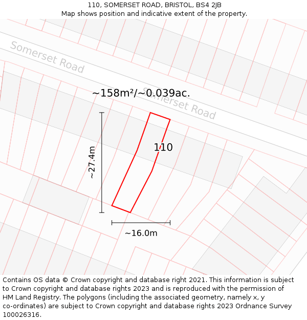 110, SOMERSET ROAD, BRISTOL, BS4 2JB: Plot and title map