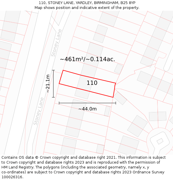 110, STONEY LANE, YARDLEY, BIRMINGHAM, B25 8YP: Plot and title map