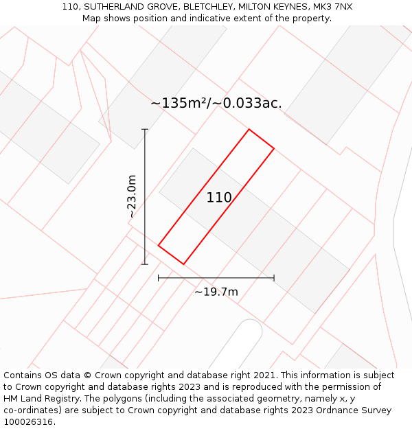 110, SUTHERLAND GROVE, BLETCHLEY, MILTON KEYNES, MK3 7NX: Plot and title map