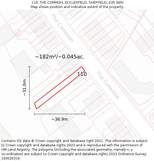 110, THE COMMON, ECCLESFIELD, SHEFFIELD, S35 9WN: Plot and title map