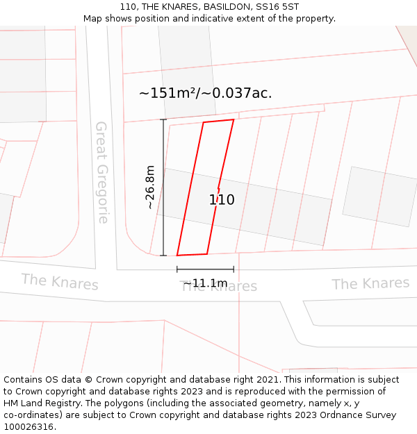 110, THE KNARES, BASILDON, SS16 5ST: Plot and title map