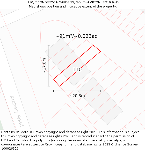 110, TICONDEROGA GARDENS, SOUTHAMPTON, SO19 9HD: Plot and title map