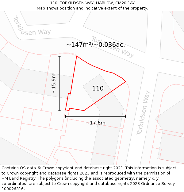 110, TORKILDSEN WAY, HARLOW, CM20 1AY: Plot and title map