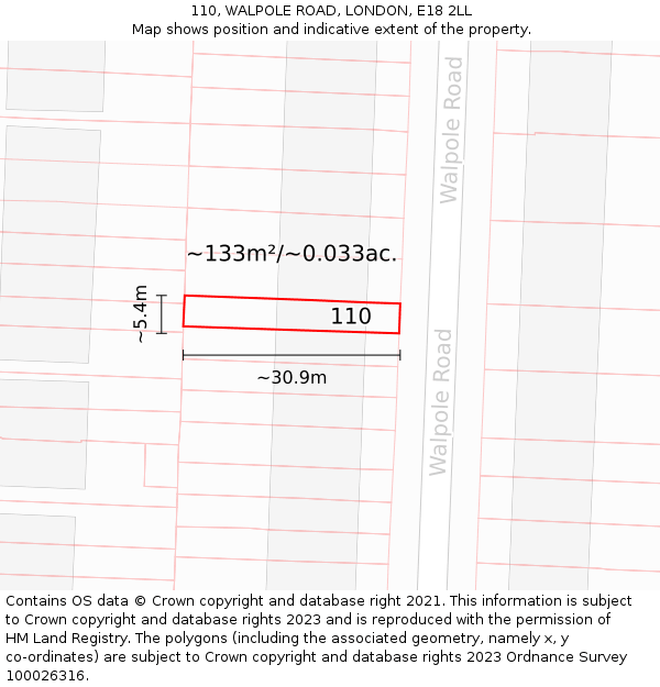 110, WALPOLE ROAD, LONDON, E18 2LL: Plot and title map