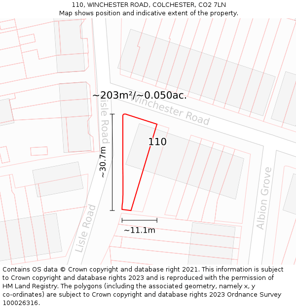 110, WINCHESTER ROAD, COLCHESTER, CO2 7LN: Plot and title map