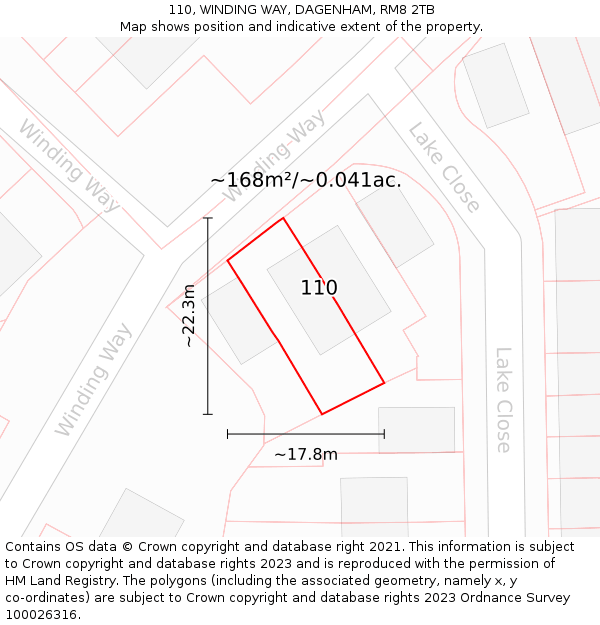 110, WINDING WAY, DAGENHAM, RM8 2TB: Plot and title map