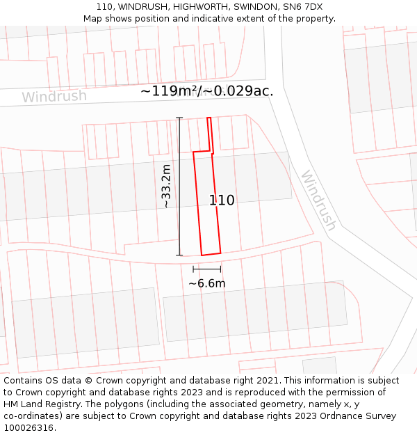 110, WINDRUSH, HIGHWORTH, SWINDON, SN6 7DX: Plot and title map