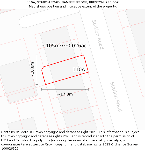 110A, STATION ROAD, BAMBER BRIDGE, PRESTON, PR5 6QP: Plot and title map