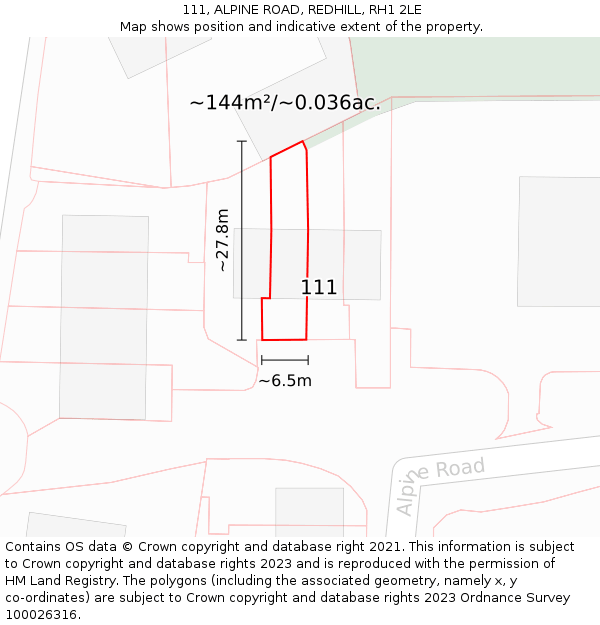 111, ALPINE ROAD, REDHILL, RH1 2LE: Plot and title map