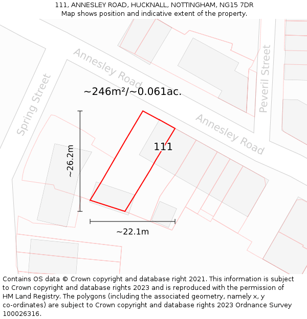 111, ANNESLEY ROAD, HUCKNALL, NOTTINGHAM, NG15 7DR: Plot and title map