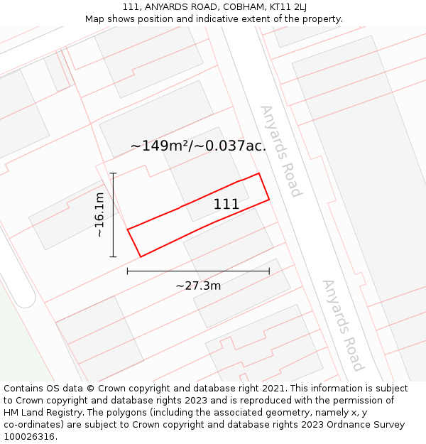 111, ANYARDS ROAD, COBHAM, KT11 2LJ: Plot and title map