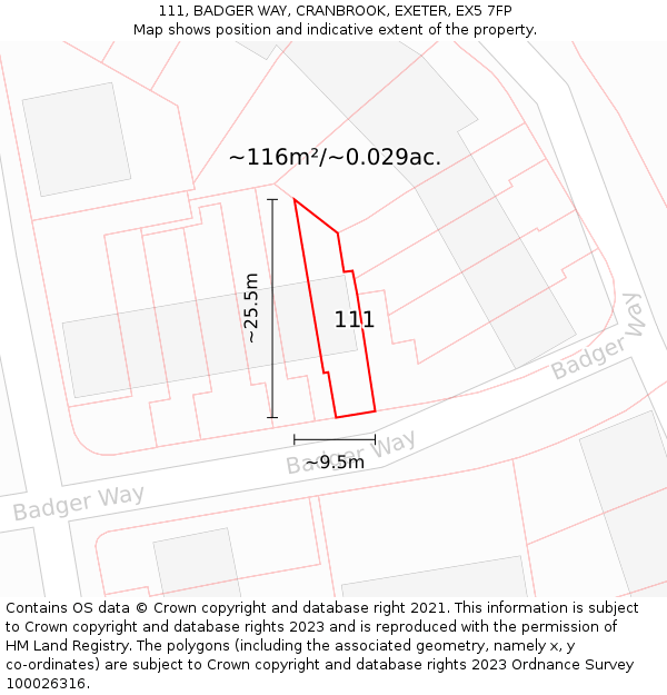 111, BADGER WAY, CRANBROOK, EXETER, EX5 7FP: Plot and title map