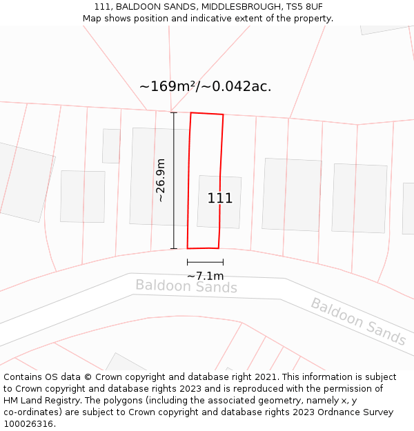 111, BALDOON SANDS, MIDDLESBROUGH, TS5 8UF: Plot and title map