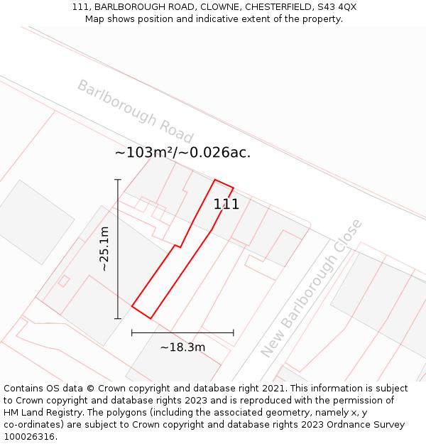 111, BARLBOROUGH ROAD, CLOWNE, CHESTERFIELD, S43 4QX: Plot and title map