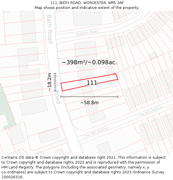 111, BATH ROAD, WORCESTER, WR5 3AF: Plot and title map