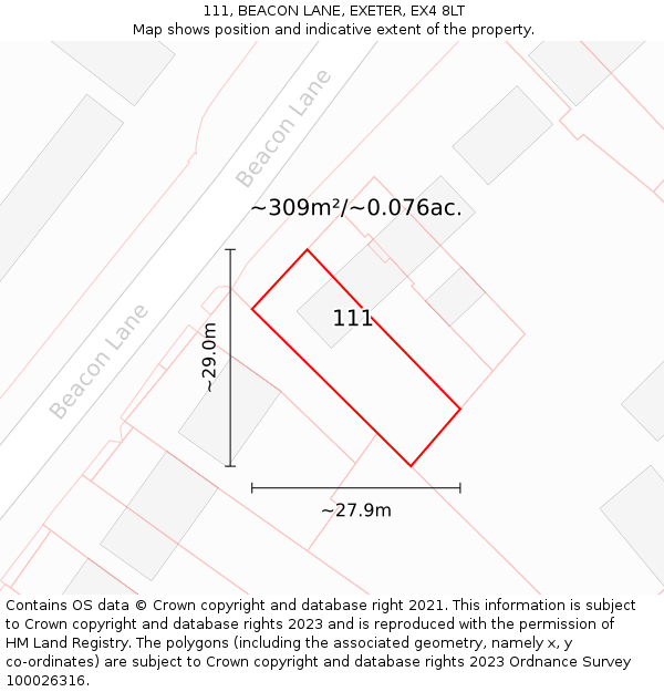 111, BEACON LANE, EXETER, EX4 8LT: Plot and title map