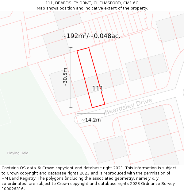 111, BEARDSLEY DRIVE, CHELMSFORD, CM1 6GJ: Plot and title map