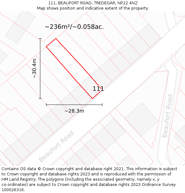 111, BEAUFORT ROAD, TREDEGAR, NP22 4NZ: Plot and title map